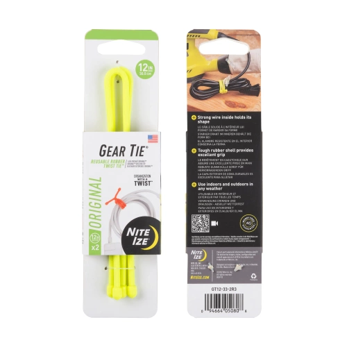 Nite Ize - Gear Tie 12" Оригінальна Twist Tie - в двох упаковках - Neon Yellow - GT12-33-2R3 - Паракорд
