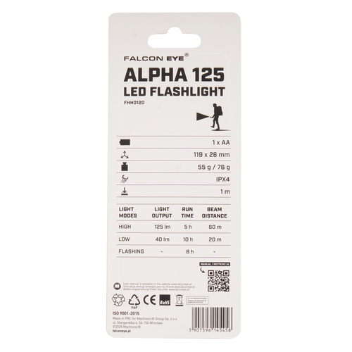 Ліхтарики ручні - Falcon Eye - Ручний ліхтарик Alpha 125 - Строб - Фокусування - 125 лм - Чорний - FHH0120