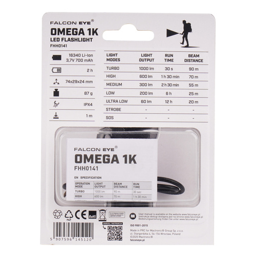 Falcon Eye - Ручной фонарь Omega 1K - Строб - 1000 лм - Черный/Красный - FHH0141 - Фонарики на аккумуляторе - Фонарики