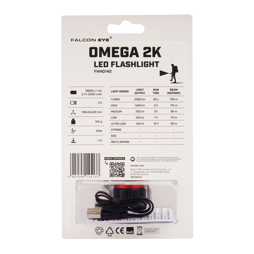 Falcon Eye - Ручной фонарь Omega 2K - Строб - 2000 лм - Черный/Красный - FHH0142 - Фонарики на аккумуляторе