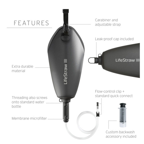 Кемпинг - LifeStraw - Peak Gravity Bag с антимикробным фильтром - 3 л - Dark Mountain Gray - Бутылки для воды, гидраторы, котелки