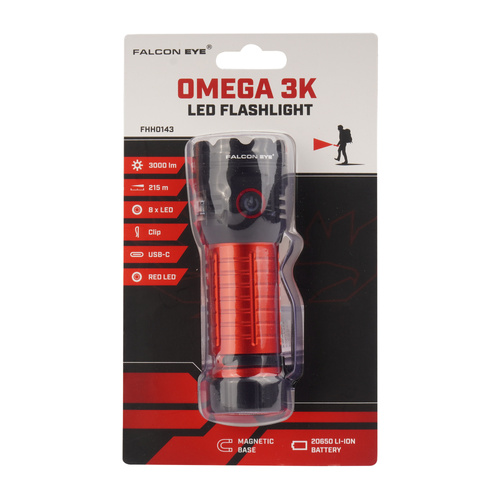 Falcon Eye - Ручний ліхтарик Omega 3K - стробоскоп - 3000 лм - Чорний/Червоний - FHH0143 - Ліхтарики акумуляторні