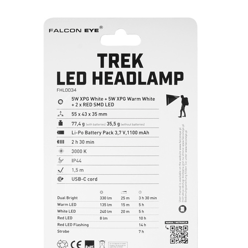 Falcon Eye - Налобный фонарь Trek - 330 лм - USB-C - Перезаряжаемый - Двойная система питания - Зеленый - FHL0034 - Налобные фонари - Фонарики